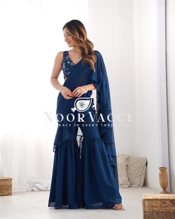 Shop Teal Blue Ready to Wear Sharara Saree with Embroidered Blouse