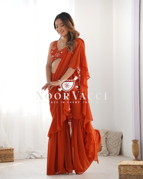 Shop Teal Blue Ready to Wear Sharara Saree with Embroidered Blouse - Image 2