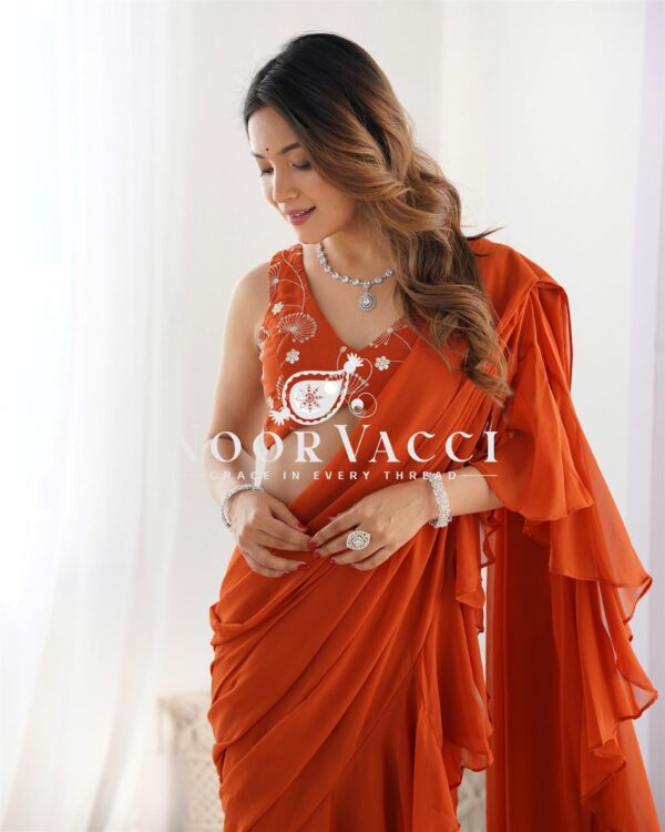 Shop Teal Blue Ready to Wear Sharara Saree with Embroidered Blouse - Image 5