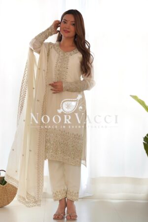 Shop Elegant Pure Chinon Silk Straight Fit Kurta Set with Dupatta & Trousers