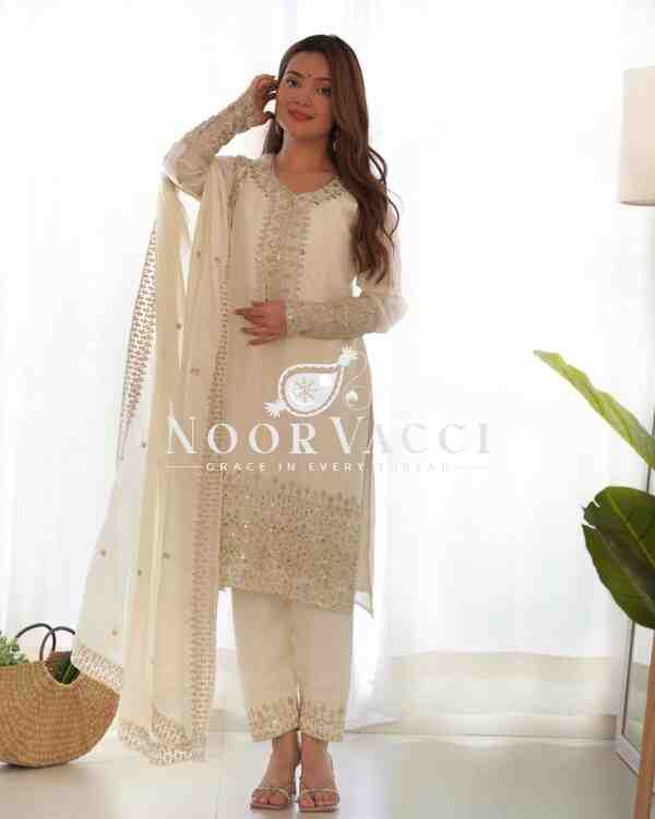 Elegant Pure Chinon Silk Straight Fit Kurta Set with Dupatta & Trousers