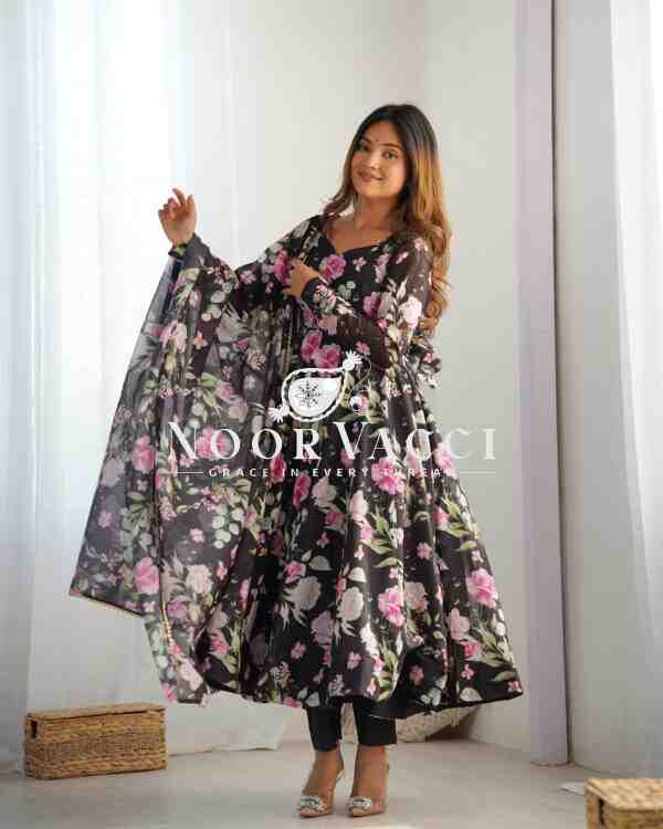 Elegant Pure Soft Organza Silk Anarkali Set with Dupatta & Trousers - Image 2