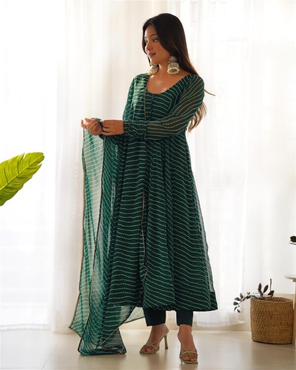 Shop Fox Georgette Laheriya Print Anarkali Set with Dupatta & Pant – Summer Wedding Ready - Image 3