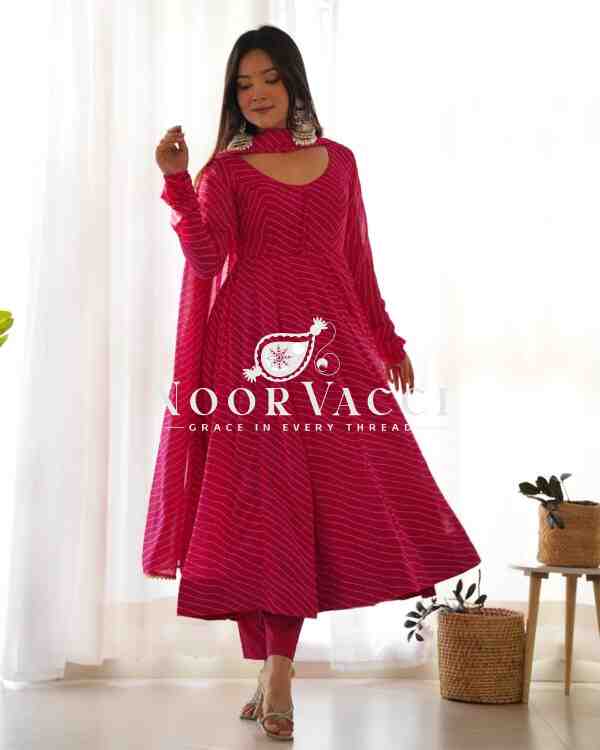 Fox Georgette Laheriya Print Anarkali Set with Dupatta & Pant – Summer Wedding Ready