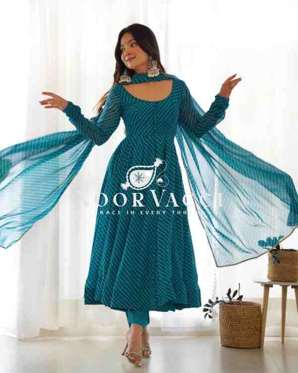 Fox Georgette Laheriya Print Anarkali Set with Dupatta & Pant – Summer Wedding Ready