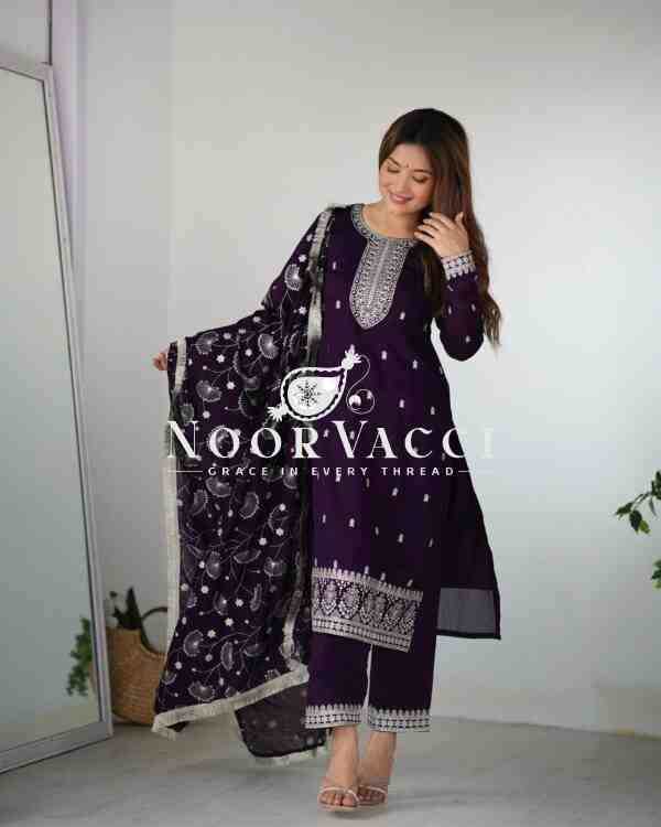 Elegant Pure Blooming Vichitra Silk Kurta Set with Dupatta & Trousers - Image 9