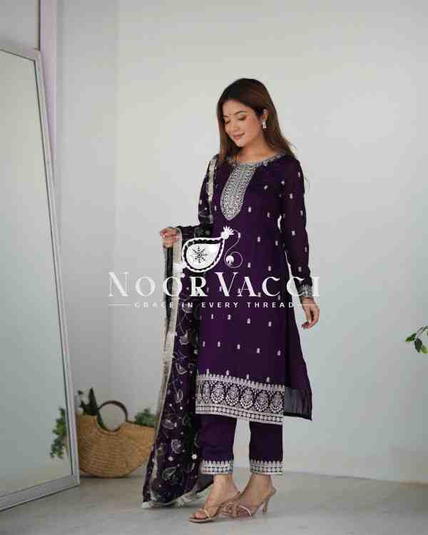 Elegant Pure Blooming Vichitra Silk Kurta Set with Dupatta & Trousers - Image 5