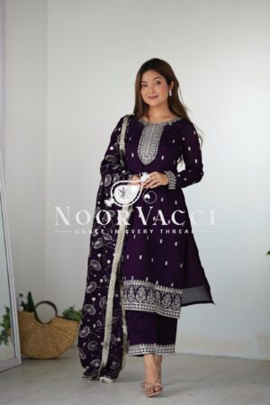 Buy Elegant Pure Blooming Vichitra Silk Kurta Set with Dupatta & Trousers