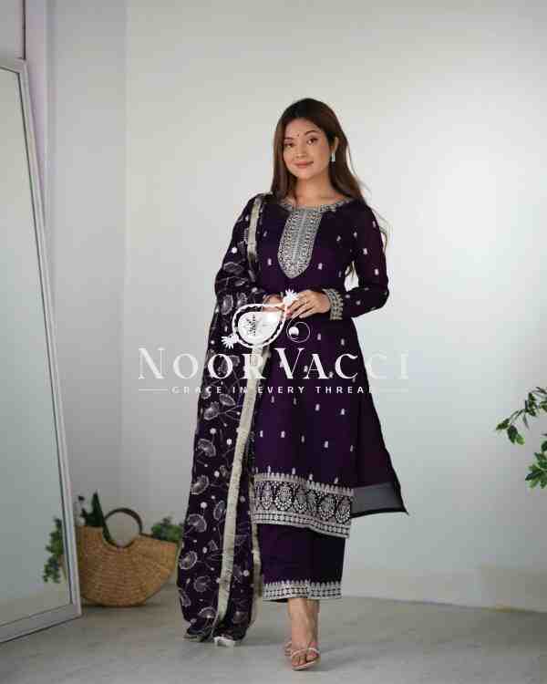 Elegant Pure Blooming Vichitra Silk Kurta Set with Dupatta & Trousers