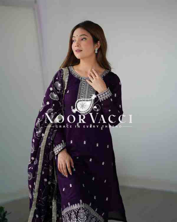 Elegant Pure Blooming Vichitra Silk Kurta Set with Dupatta & Trousers - Image 3