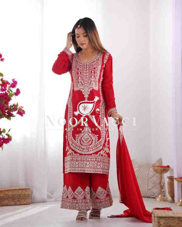 Vichitra Silk Embroidered Straight Kurta Set with Dupatta & Pant – Ready to Wear - Image 7