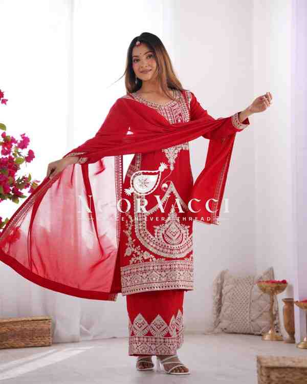 Vichitra Silk Embroidered Straight Kurta Set with Dupatta & Pant – Ready to Wear - Image 8