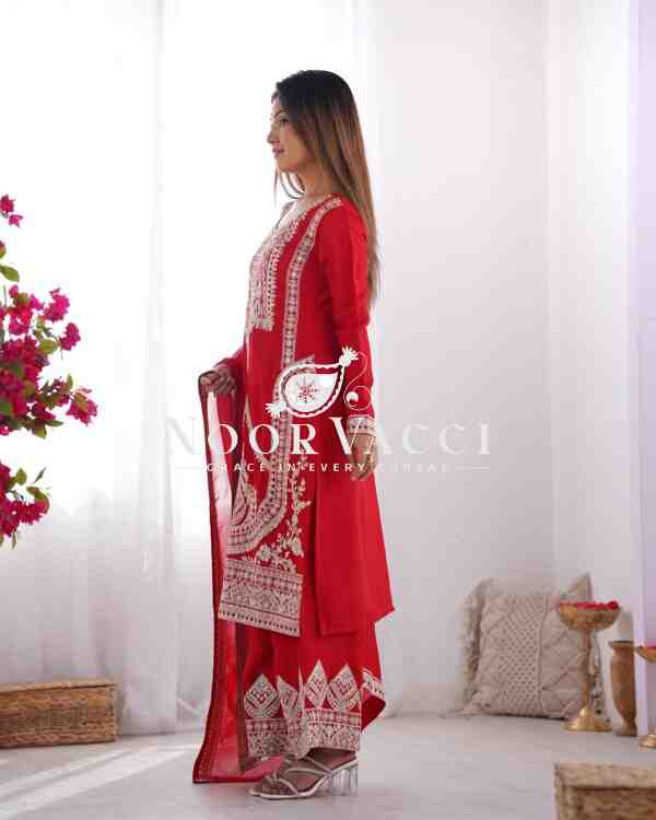 Vichitra Silk Embroidered Straight Kurta Set with Dupatta & Pant – Ready to Wear - Image 6
