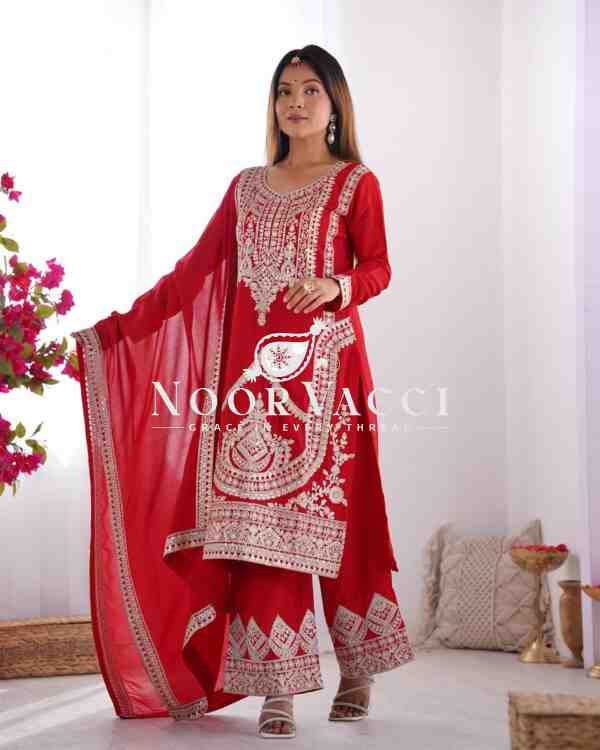Vichitra Silk Embroidered Straight Kurta Set with Dupatta & Pant – Ready to Wear - Image 4