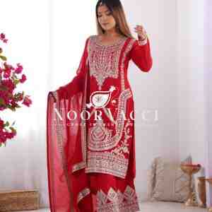 Vichitra Silk Embroidered Straight Kurta Set with Dupatta & Pant – Ready to Wear