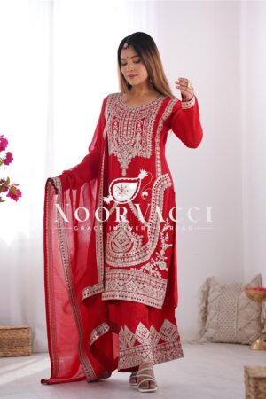 Buy Vichitra Silk Embroidered Straight Kurta Set with Dupatta & Pant – Ready to Wear