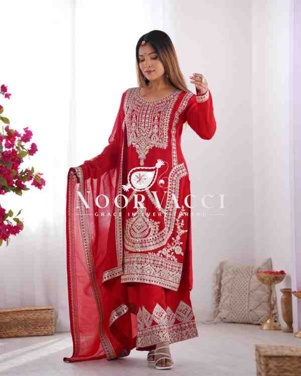 Vichitra Silk Embroidered Straight Kurta Set with Dupatta & Pant – Ready to Wear