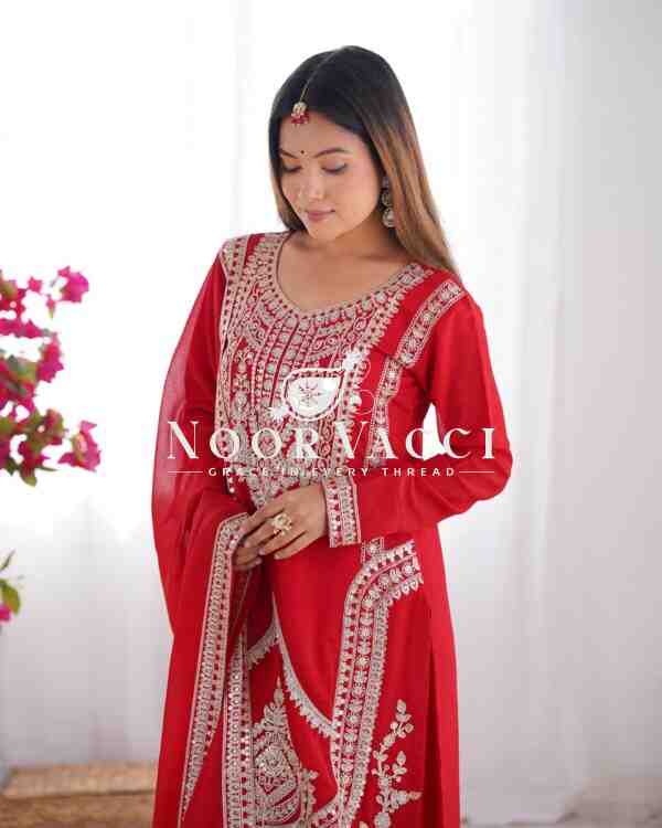 Vichitra Silk Embroidered Straight Kurta Set with Dupatta & Pant – Ready to Wear - Image 3