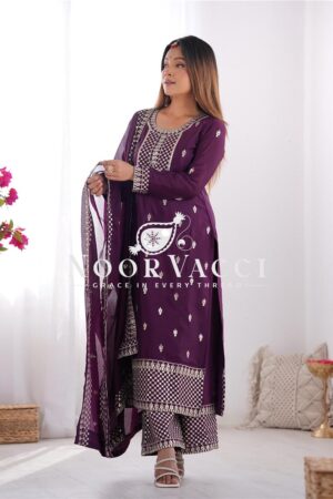 Shop Chinon Silk Straight Kurta Set with Dupatta – Elegant Pink Ensemble