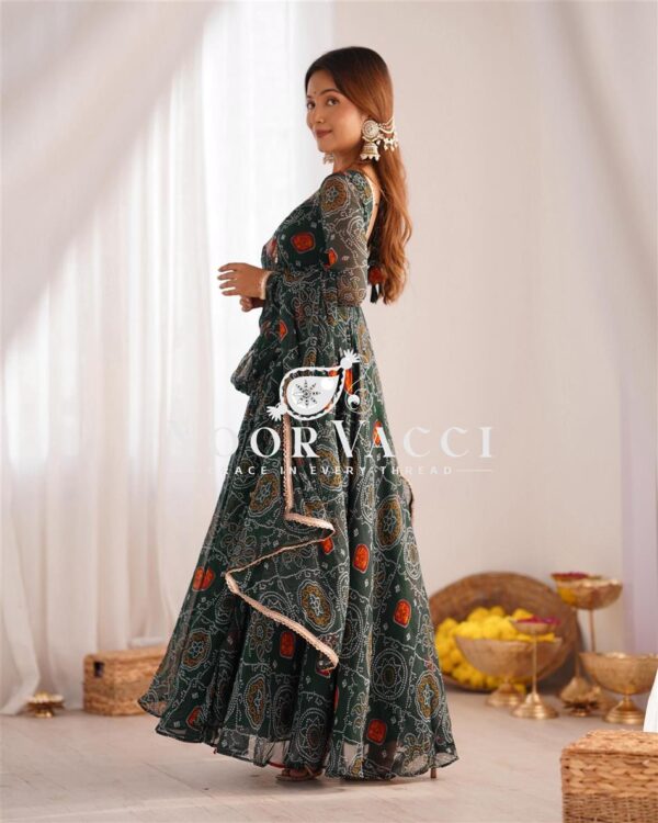 Shop Chiffon Bandhej Anarkali Gown Set with Dupatta and Pant - Image 2