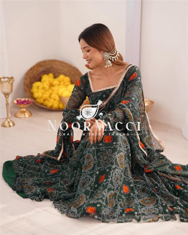 Shop Chiffon Bandhej Anarkali Gown Set with Dupatta and Pant - Image 5