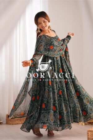 Shop Chiffon Bandhej Anarkali Gown Set with Dupatta and Pant