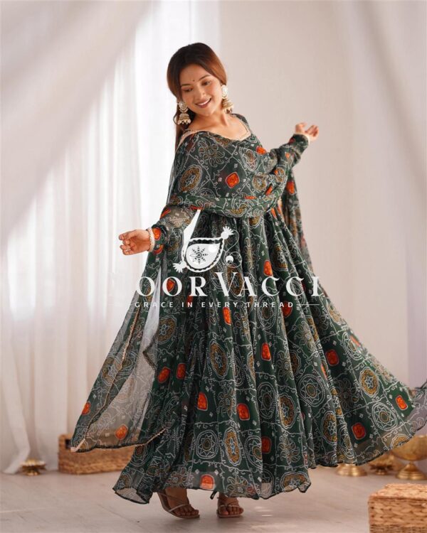Shop Chiffon Bandhej Anarkali Gown Set with Dupatta and Pant