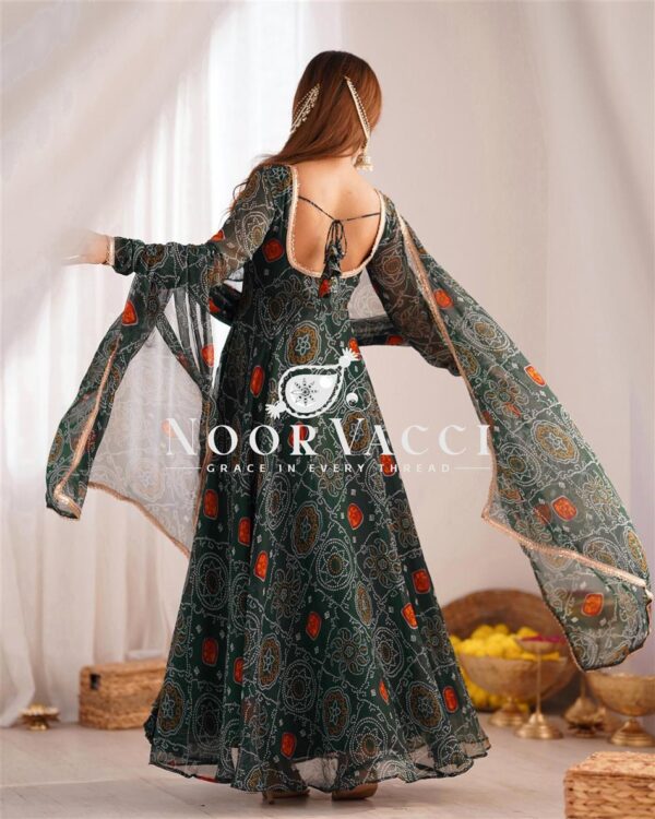 Shop Chiffon Bandhej Anarkali Gown Set with Dupatta and Pant - Image 3