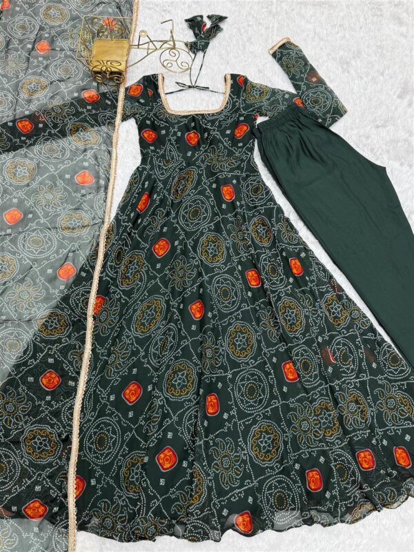 Shop Chiffon Bandhej Anarkali Gown Set with Dupatta and Pant - Image 8