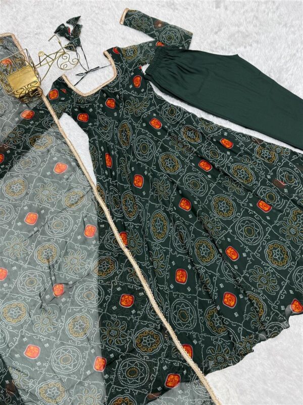 Shop Chiffon Bandhej Anarkali Gown Set with Dupatta and Pant - Image 6