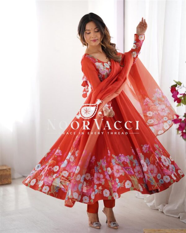Shop Organza Silk Floral Anarkali Suit Set with Dupatta and Pant - Image 6