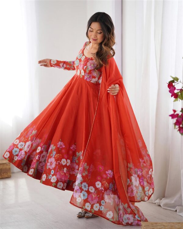 Shop Organza Silk Floral Anarkali Suit Set with Dupatta and Pant - Image 4