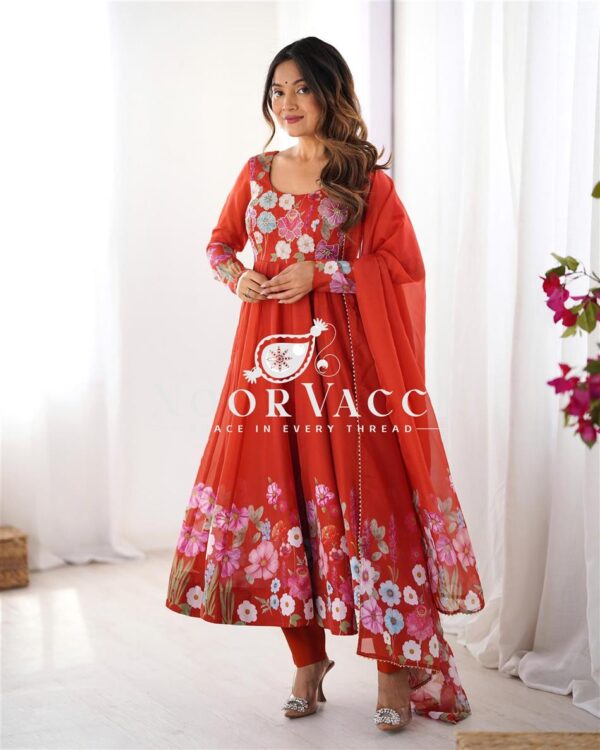 Shop Organza Silk Floral Anarkali Suit Set with Dupatta and Pant