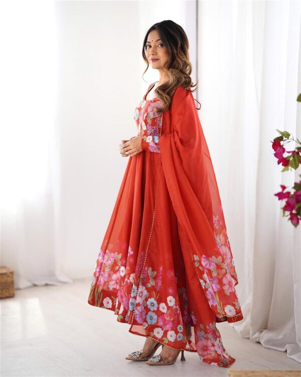 Shop Organza Silk Floral Anarkali Suit Set with Dupatta and Pant - Image 5