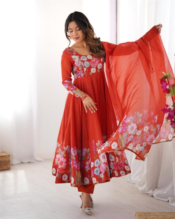 Shop Organza Silk Floral Anarkali Suit Set with Dupatta and Pant - Image 3