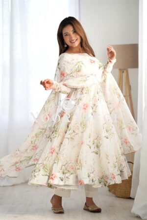 Shop Elegant Pure Soft Organza Silk Anarkali Set with Dupatta & Trousers