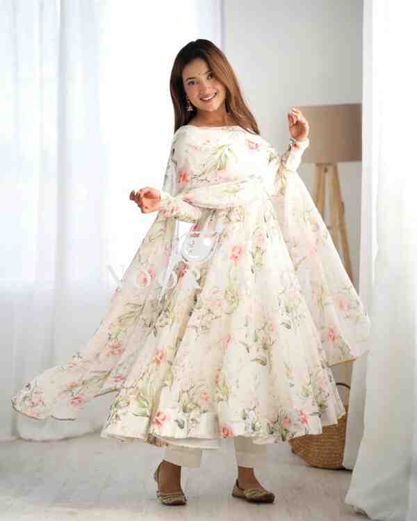 Elegant Pure Soft Organza Silk Anarkali Set with Dupatta & Trousers