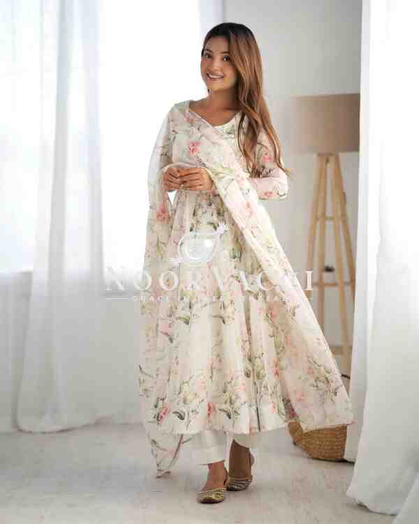 Elegant Pure Soft Organza Silk Anarkali Set with Dupatta & Trousers - Image 2