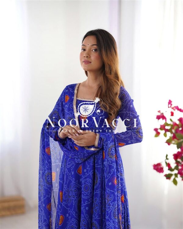 Shop Chiffon Bandhej Anarkali Gown Set with Dupatta and Pant - Image 6