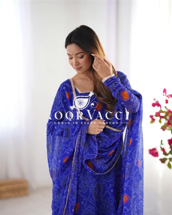 Shop Chiffon Bandhej Anarkali Gown Set with Dupatta and Pant - Image 3