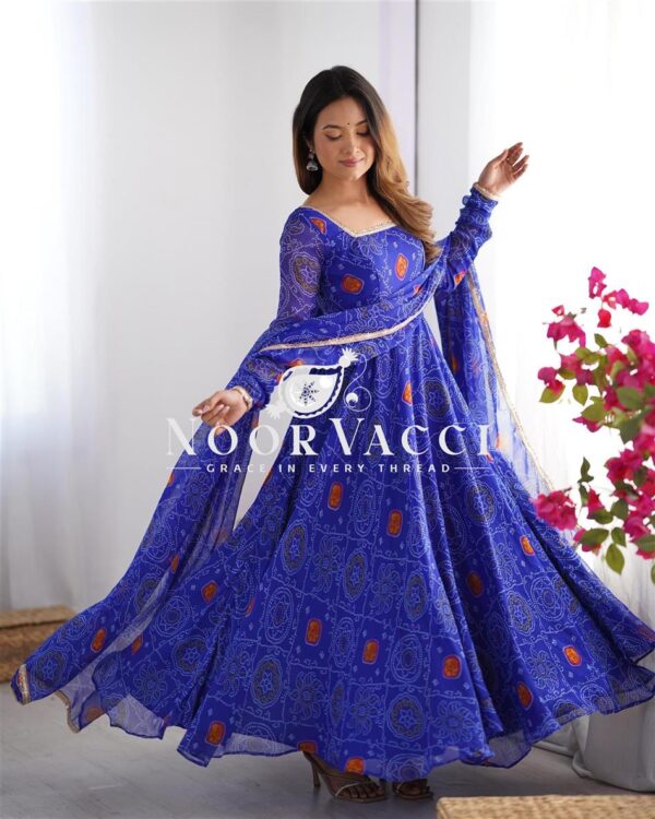 Shop Chiffon Bandhej Anarkali Gown Set with Dupatta and Pant
