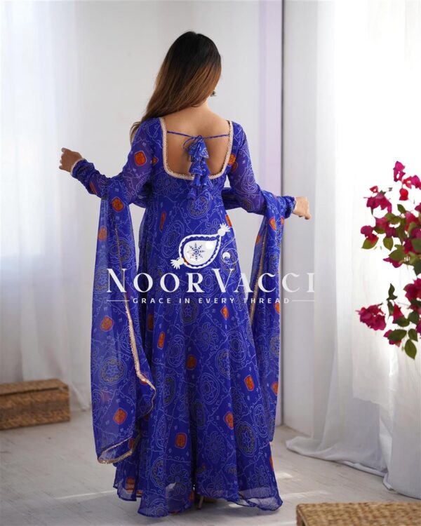 Shop Chiffon Bandhej Anarkali Gown Set with Dupatta and Pant - Image 4