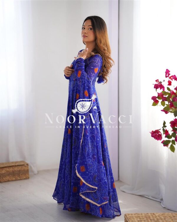 Shop Chiffon Bandhej Anarkali Gown Set with Dupatta and Pant - Image 2