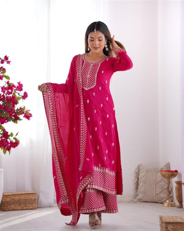 Shop Chinon Silk Straight Kurta Set with Dupatta – Elegant Pink Ensemble - Image 6