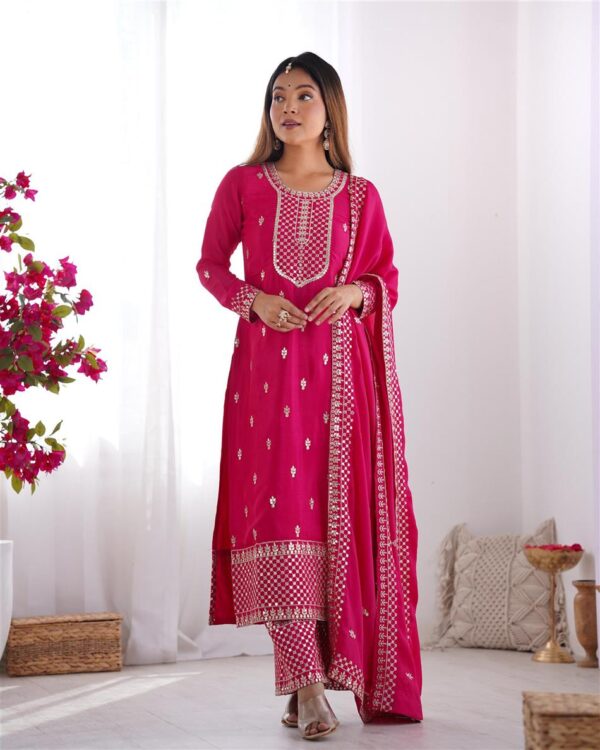 Shop Chinon Silk Straight Kurta Set with Dupatta – Elegant Pink Ensemble - Image 3