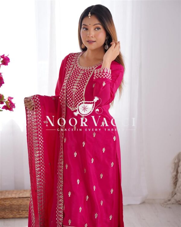 Shop Chinon Silk Straight Kurta Set with Dupatta – Elegant Pink Ensemble - Image 2