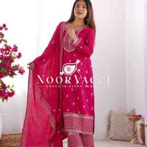 Chinon Silk Straight Kurta Set with Dupatta – Elegant Pink Ensemble