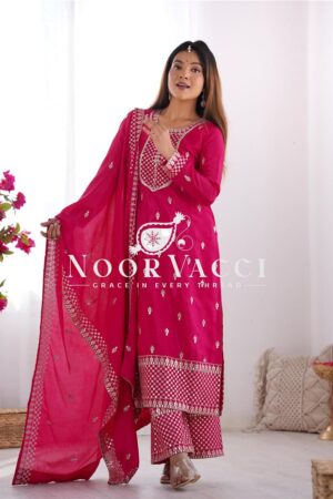 Shop Chinon Silk Straight Kurta Set with Dupatta – Elegant Pink Ensemble