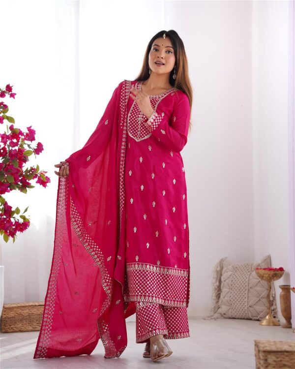 Shop Chinon Silk Straight Kurta Set with Dupatta – Elegant Pink Ensemble