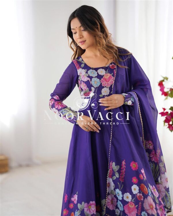 Buy Organza Silk Floral Anarkali Suit Set with Dupatta and Pant - Image 5